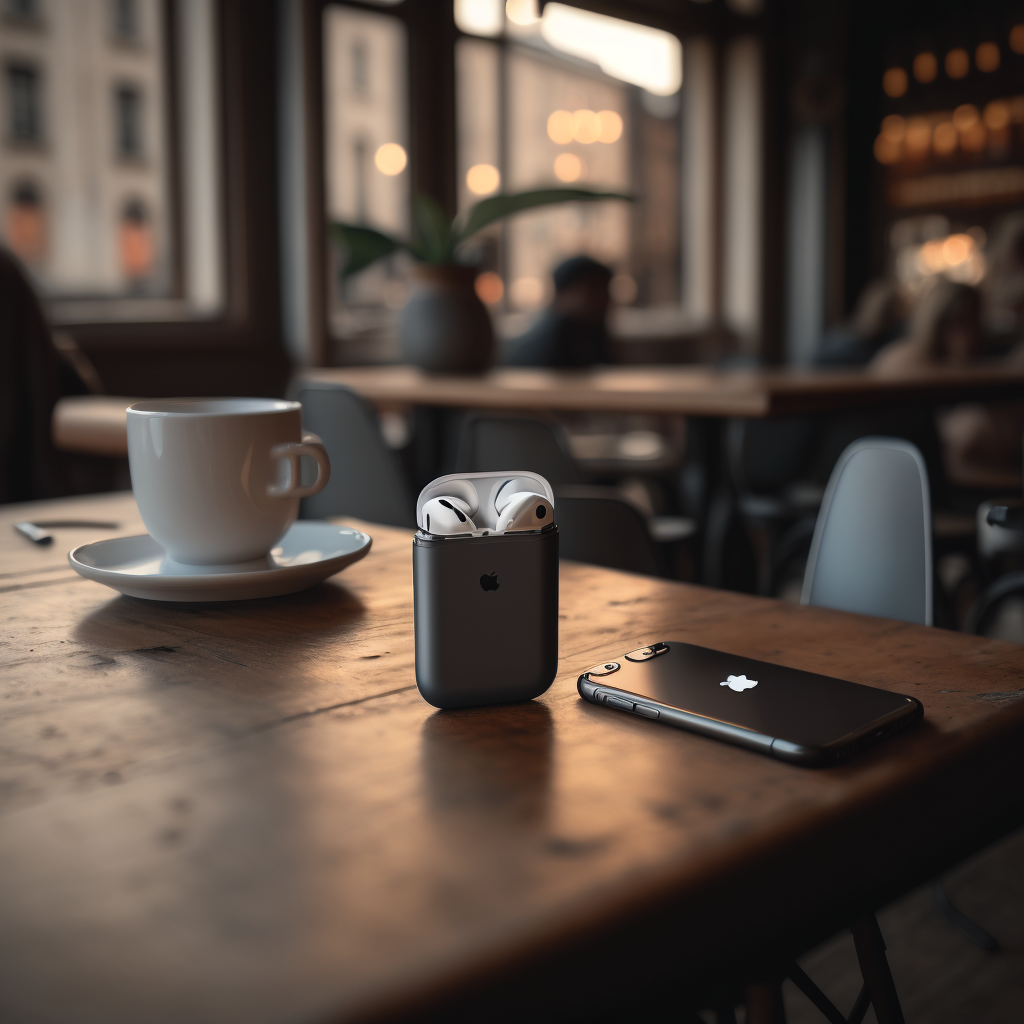 airpods и iphone в кафе